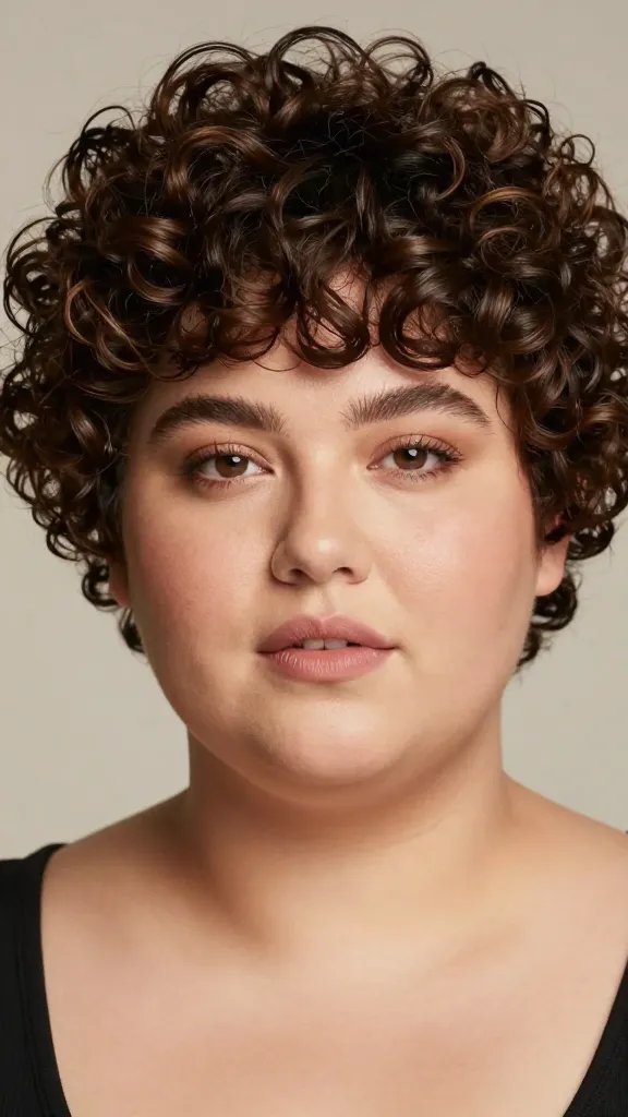 Create a high-resolution, photorealistic portrait of a stylish woman with a curly pixie haircut suited for a chubby face. The hairstyle should keep length at the crown to maintain volume and avoid bulk around the jawline, showcasing loose, well-defined curls that frame the cheeks softly. The subject has a warm, glowing complexion with subtle makeup that enhances natural texture and cheeks, and her expression is confident and relaxed. Lighting is soft and diffused to highlight the curl pattern and healthy shine from a light oil, with natural bounce evident in the curls. The background is neutral and slightly blurred to keep full focus on the hairstyle and face, and the overall image conveys an approachable, modern vibe suitable for a fashion-forward beauty editorial. No text or branding on the image.