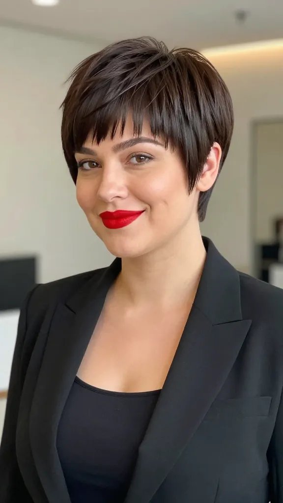 A high-resolution, photorealistic portrait of a confident woman with a chubby face sporting an angled pixie cut: a longer, sharp top that adds height and a tight, close-back undercut, with the hair swept back to create a sleek, defined jawline and sculpted cheeks. She stands in a modern, softly lit interior background with neutral tones, wearing a bold red lip and a subtle, confident smile. The hairstyle features a longer crown that tapers to a snug nape, subtle side part, and smooth, glossy finish suitable for straight to mildly wavy hair. The subject is dressed in a chic, minimalist outfit (e.g., a sleek blazer or fitted top) to emphasize structure and confidence, with natural makeup focusing on a striking lip. Ensure realistic skin texture, detailed hair strands, and a polished overall aesthetic without any text on the image.