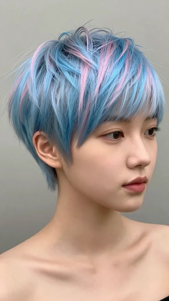 A high-resolution, realistic portrait of a stylish woman with a tapered nape pixie cut, shown from the shoulders up in a three-quarter view. The hair at the nape is deliberately shaved short for a sleek, clean finish, while the crown features a bold pop of color (vibrant pastel blue with subtle pink undertones) that adds visual lift and draws attention upward. The rest of the pixie is chic and cropped, with soft, face-framing highlights around the temples and cheeks to balance a rounder face shape. The lighting is natural and flattering, highlighting the color pop and dimension from the highlights, with a soft, neutral background to keep the focus on the hairstyle. The subject has clear, glowing skin and minimal makeup for a fresh, modern look. The overall aesthetic is polished, low-maintenance, and fashion-forward, conveying a confident, stylish persona. No text on the image.
