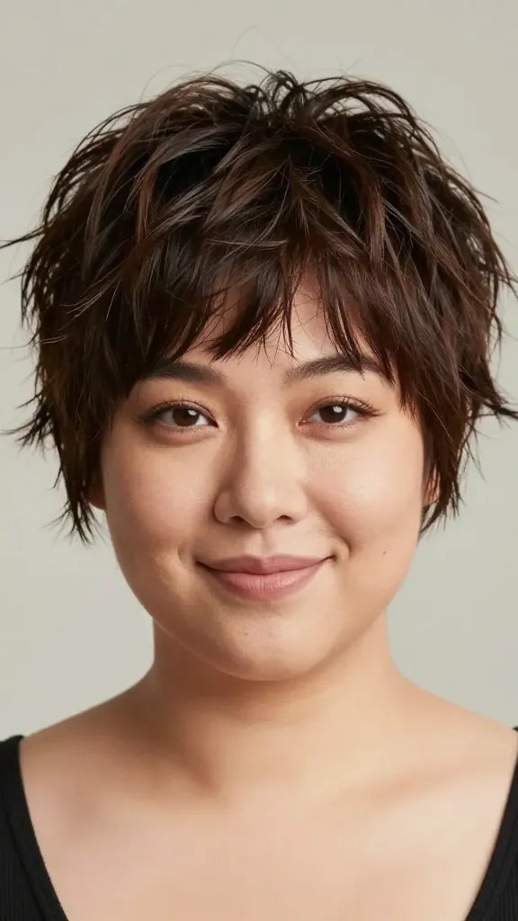 Create a high-resolution, photorealistic portrait of a stylish woman with a chubby face sporting a textured shag pixie haircut. The hair should have layered, shaggy texture with a slightly messy, sea-salt vibe that adds volume and movement without looking frizzy. The style should appear modern and playful, with light matte pomade definition to subtly sculpt the shape. The subject has thicker, coarse, or wavy hair, and the cut should frame the face softly, enhancing cheekbones and jawline. Lighting: natural, soft daylight with gentle highlights and shadows to emphasize texture. Background: neutral, unobtrusive studio backdrop to keep focus on hair and face. Expression: confident, relaxed smile or serene look. No text or logos in the image.