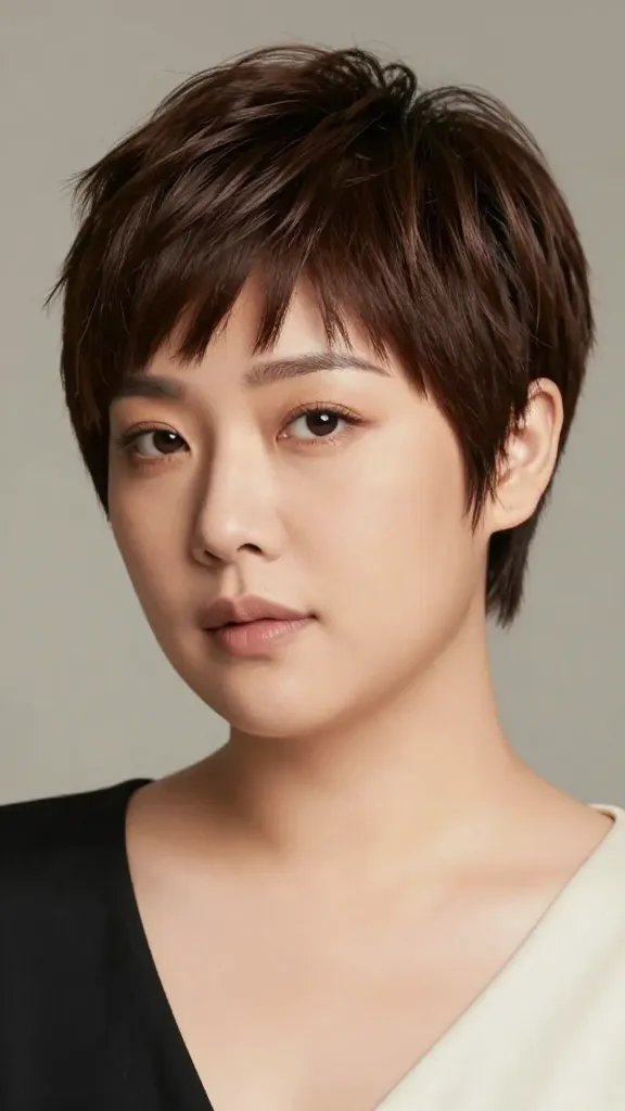 A high-resolution, well-lit portrait of a stylish woman with a pixie cut featuring a dramatic deep side part and longer hair on one side, creating diagonal lines that slim a round face. The hair is soft and tapered around the ears for a clean finish, with natural movement and subtle shine. The subject stands against a neutral, softly blurred background to emphasize the hairstyle, wearing a simple, elegant outfit, minimal makeup, and a confident, relaxed expression. The overall look is modern, chic, and flattering for a chubby face, showcasing the dramatic side-part pixie in a realistic, photographic style.