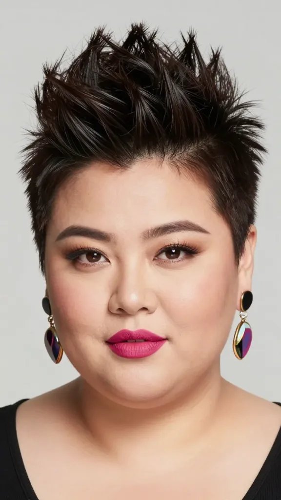 A high-resolution, realistic portrait of a confident woman with a chubby face styled in a chic Faux Hawk Pixie. The hair is shaped into a bold, elevated faux hawk along the center, with tapered sides to emphasize the top and create height. The look shows fine-to-medium hair texture with controlled spikes that stay sharp and structured. She wears a bright lip color and statement earrings that add a pop of color and draw attention to the face. Lighting is studio-quality with soft, even illumination to highlight the facial features and the glossy sheen of the hairstyle. The background is clean and neutral to keep the focus on the subject and hairstyle, with natural skin tones and realistic details in the hair, makeup, and accessories. The overall vibe is modern, playful, and flattering for a fuller-cheeked face, suitable for fashion/editorial photography.