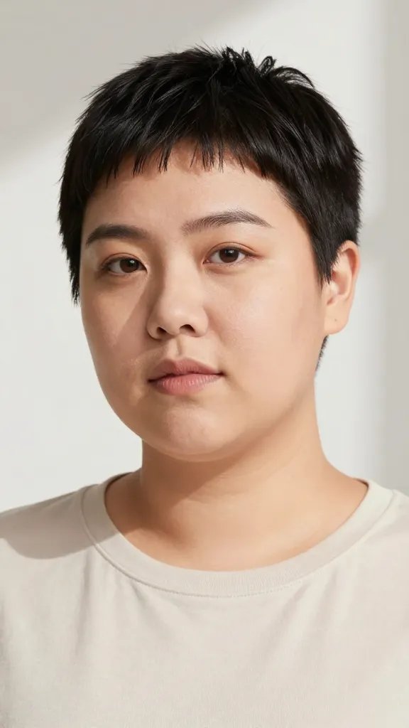A high-resolution, portrait-style photo of a confident woman with a chubby, round face, styled in "The Classic Buzz with a Twist" haircut: a soft buzz cut with a subtle taper around the ears, maintaining a little extra length at the crown for gentle texture, and optional subtle side scorch or shade. The subject stands in a bright, natural-light studio on a neutral backdrop, wearing a simple, solid-colored top that complements her skin tone. The hairstyle should look clean and polished with smooth, even hair color, showing a natural shine. Include variations showing a light fringe or slight side swept fringe for versatility, with the focus on a modern, minimalist aesthetic that enhances facial features without overpowering them. The image should be realistic, high-detail, and free of visible text or logos.