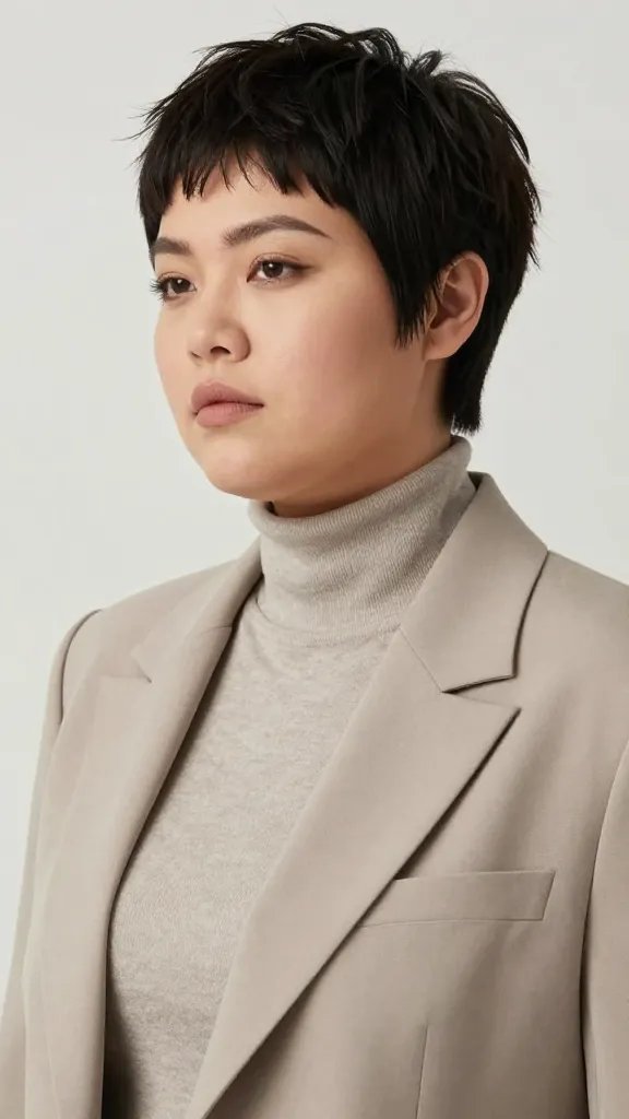 Create a high-resolution, realistic photo of a stylish woman with a chubby face sporting an asymmetrical pixie cut for modern vibes. The hairstyle should have one side clearly longer than the other, with the longer side tucked neatly behind the ear on the viewing side to create a sleek, tapered finish. The look should convey slimmed facial contours and a bold fashion statement, with minimal but chic makeup and natural lighting that highlights the contrast between the cropped, textured shorter side and the elongated, smooth section. The subject should wear a contemporary, minimalist outfit (e.g., a fitted blazer or turtleneck) in neutral tones, posed in a clean studio setting with soft shadows to emphasize the asymmetry and jawline definition. The image should feel fashion-forward and effortless, with a polished, high-fashion editorial vibe, and no visible text or logos.