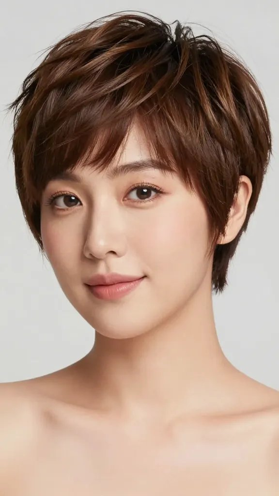 A high-resolution, realistic portrait of a stylish woman with a soft undercut pixie, featured against a clean, neutral background. The top layers are gently waved to create soft texture and a dreamy, approachable look that flatters a chubby face, with a subtle undercut visible at the nape and along the sides for just a whisper of edge. The hairstyle should have natural shine, defined but not harsh edges, and a flattering volume that frames the cheeks without overpowering them. Hair color is a natural brunette with subtle balayage highlights that catch the light. The subject&rsquo;s expression is confident and warm, with soft makeup emphasizing luminous skin, gentle blush, and a light pink lip. Lighting is bright and studio-style, with soft shadows that add depth and realism, ensuring crisp detail in hair texture and facial features. No text in the image.