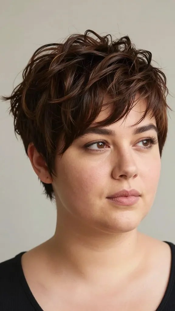 Create a realistic, high-resolution portrait of a stylish woman with a chubby face sporting a Wavy Return Pixie hairstyle. The hair should show short pieces around the ears for a tidy look and longer, voluminous waves on top that preserve natural bounce. The lighting is soft and natural, highlighting the texture and movement of the waves with subtle shine from a light styling cream. The subject has a confident, relaxed expression and wears minimal makeup to keep the focus on the hairstyle. The background is blurred studio backdrop in neutral tones to emphasize the hair texture and shape. No text on the image.