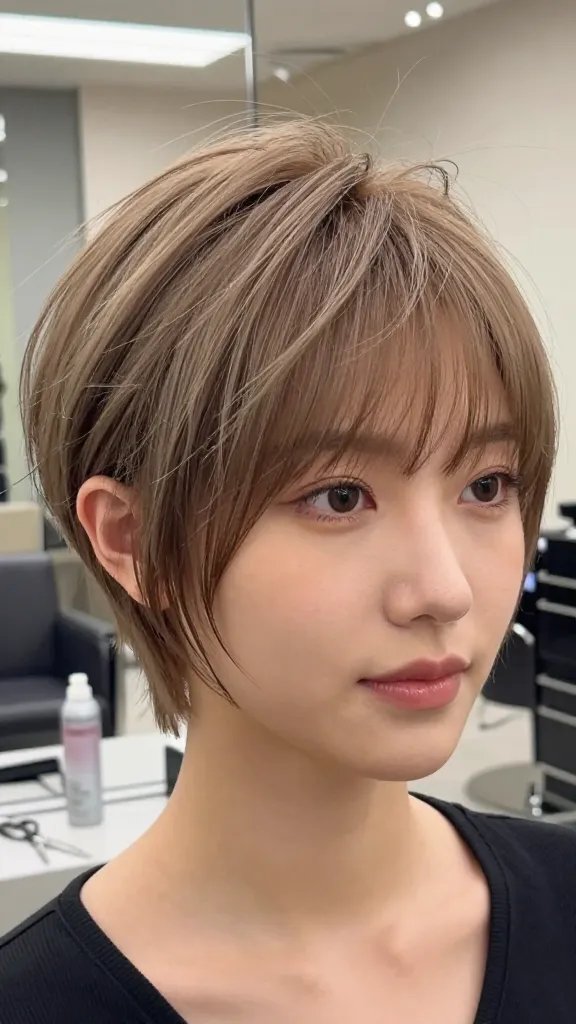 Create a realistic, high-quality close-up portrait of a stylish woman with a delicate feathered pixie haircut that flatters a round face. The hair should feature feather-light, airy layers that softly glide around the cheeks, with a side-swept fringe to frame the face. The lighting is soft and natural, emphasizing gentle volume and texture in the feathered layers. The setting is a modern, upscale salon with neutral tones; the subject gazes slightly off-camera with a warm, confident expression. Subtle background blur (bokeh) keeps the focus on the hair and face. Include visible styling tools in a subtle, unobtrusive way: thin scissors and a light texturizing spray bottle on a nearby countertop, not overpowering the subject. No text on the image.
