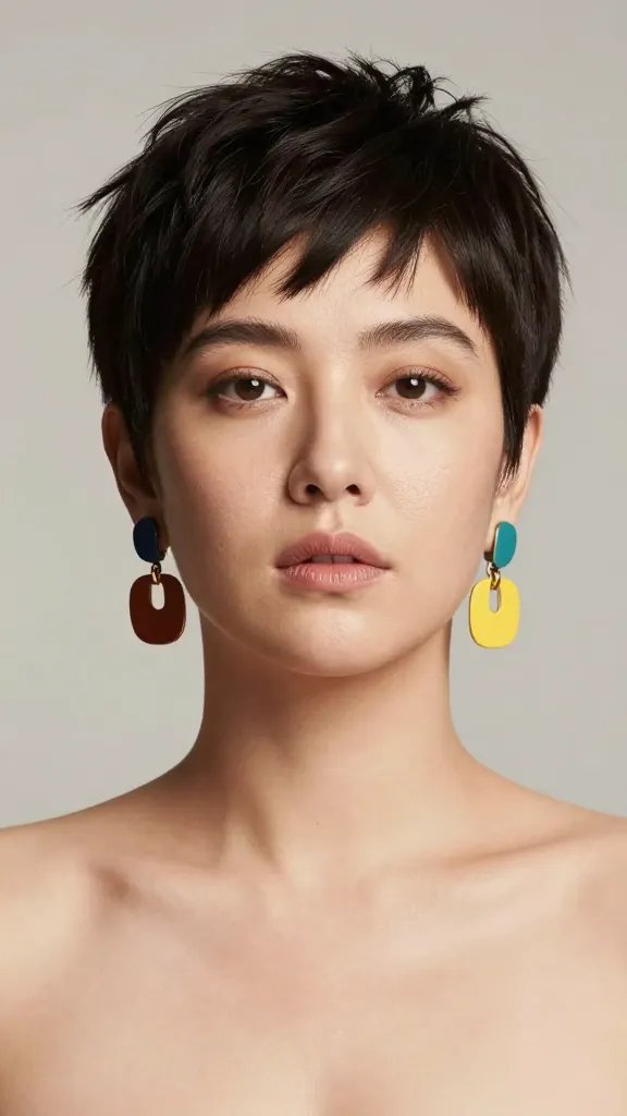 Create a high-resolution, realistic portrait of a confident woman with a chic boyish pixie haircut, emphasizing a short, clean silhouette with a tiny length on top. She stands against a soft, neutral studio backdrop with controlled lighting that highlights the crisp lines of the haircut. She wears bold, statement earrings that draw attention upward and complement the minimalist, modern vibe. The overall look is polished and vibrant, demonstrating a contemporary, fearless style suitable for a chubby face. The hair should have a smooth texture with precise edges and subtle shine, and the scalp should appear healthy and moisturized. Ensure the subject&rsquo;s expression is poised and self-assured, with natural makeup that enhances features without overpowering the haircut. No text, no logos. High-detail, lifelike realism, 8K, cinematic lighting, shallow depth of field to keep the focus on the haircut and accessories.