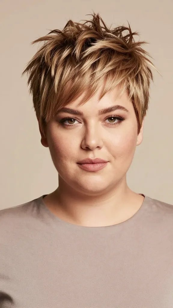 A high-resolution, realistic portrait of a stylish woman with a chubby face sporting a crowned pixie hairstyle for height. The top of her hair is lifted and voluminous at the crown with the sides neatly tucked and tapered, creating the illusion of a longer face while maintaining fullness around the cheeks. The hair should have a light, natural shine and subtle texture to show movement, as if achieved with a lightweight mousse and a root lift spray. She stands in a soft, well-lit studio environment with a neutral, warm-toned background that emphasizes her features. She wears a chic, contemporary top in solid, muted color to keep the focus on the hairstyle. Her expression is confident and relaxed, with natural makeup that enhances her eyes and cheekbones. The overall image should be crisp, with accurate skin tones, detailed hair strands, and a shallow depth of field to separate her from the background, conveying a polished, editorial-quality look. No text on the image.
