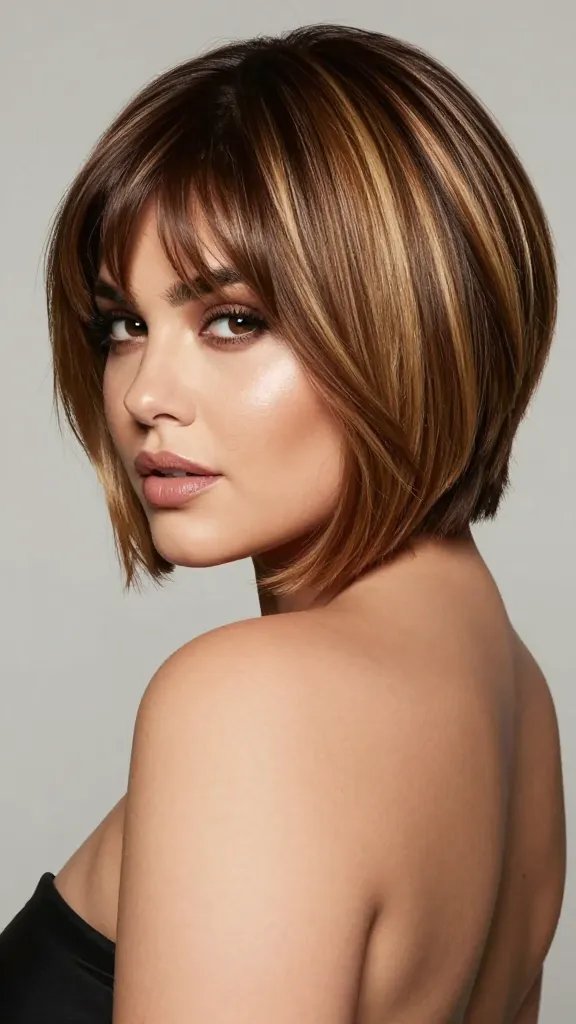 A high-resolution, ultra-realistic portrait of a woman with a chubby facial shape styled in a sleek bob-pixie hybrid. The back is near shoulder-length with a sharp pixie cut on top, blending edgy and soft elements. She has a glossy, glossy finish with a soft balayage that adds warm dimensional depth, transitioning from darker roots to lighter, sun-kissed ends. The styling is polished with a reflective shine spray for a glassy surface, capturing soft light that emphasizes the hair&rsquo;s smooth texture and subtle color transitions. The overall look is sophisticated and modern, framing a confident, radiant expression. No text on the image.
