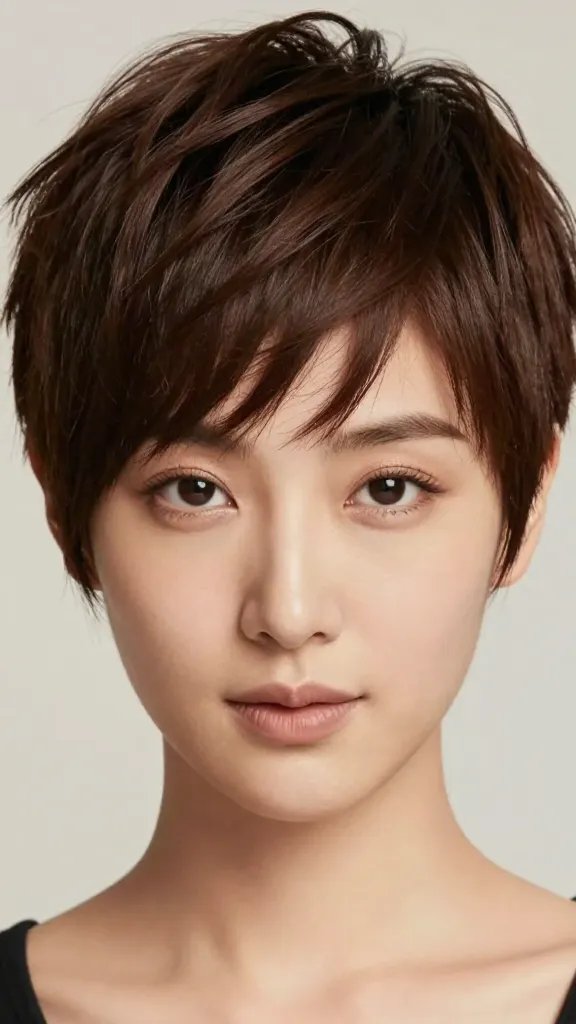 A high-resolution, realistic close-up portrait of a stylish woman with a round face sporting a pixie haircut with a side-swept fringe. The fringe lightly covers the forehead and sweeps gracefully to the side, narrowing the forehead and drawing attention down across the face. The hair should be short on the sides and back with slightly longer top, styled with a light, natural-looking pomade to keep the fringe in place without stiffness. The subject has a confident, soft expression with subtle makeup that enhances natural features, including clean skin, defined but natural brows, and neutral lips. Lighting is soft and flattering, with a gentle catchlight in the eyes, and a simple, blurred studio or neutral background to emphasize the hairstyle. The overall image should convey a chic, modern aesthetic suitable for a fashion or beauty editorial. No text on the image.