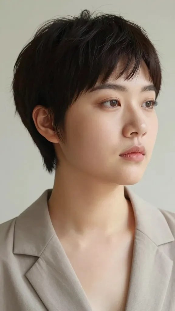Create a realistic, high-quality portrait of a fashionable woman with a chubby face sporting a minimalist, tidy pixie haircut. The hairstyle should be clean with subtle tapering at the nape and sides, ensuring the top has gentle elevation for lightness without fuss. She should have a fresh, put-together look suitable for both work and weekend wear. The lighting is soft and natural, highlighting the face shape and the clean lines of the pixie. The background is neutral and unobtrusive to keep the focus on her face and hairstyle. She wears simple, elegant makeup that enhances her cheeks without heavy contouring, and a minimalist outfit (e.g., a crisp blouse or lightweight blazer) in muted tones. The overall mood is effortless confidence, with a modern, tidy aesthetic that communicates low maintenance and versatility. No text in the image.