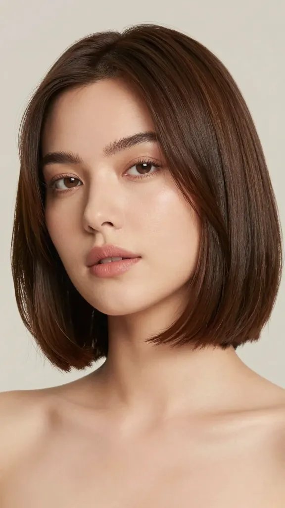 A high-resolution, realistic portrait of a stylish woman with a chubby face wearing an A-line Bob with a gentle flip. The hair should skim the jawline with a soft, natural flip at the ends, creating gentle width and balanced proportions. The front piece should be longer to hug the face, framing it softly and modernly. The subject should have clean bone structure and subtle makeup that enhances cheekbones, with minimal shine on the cheeks to avoid drawing attention there. The hairstyle features light layering at the ends for airy texture, and the hair should appear smooth with a rounded brush-flip at the ends to emphasize the curve. Lighting is soft and flattering, coming from the side to highlight jawline and cheekbones, with a neutral, chic backdrop. The overall look is sophisticated, easy to style, and effortless, with a natural color and healthy shine. No text, no logos.