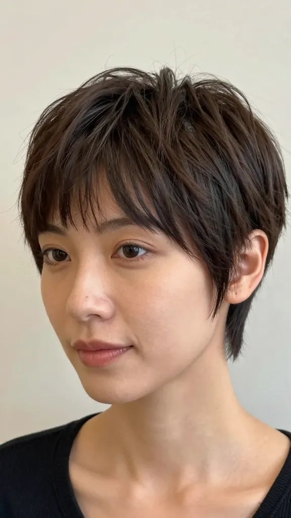 Create a highly realistic, high-quality portrait photo of a stylish woman with a textured pixie cut and side-swept bangs. The hairstyle should feature face-framing side bangs that skim the cheeks, a textured crown for subtle height, and a nape that is neat but not overly tight. The look should convey chic, polished, and low-maintenance vibe, suitable for an oval to round face. Use soft, natural lighting and a neutral, softly blurred background to keep the focus on the haircut. The subject should have a confident, relaxed expression and subtle makeup that enhances features without overpowering the hair. No text on the image.