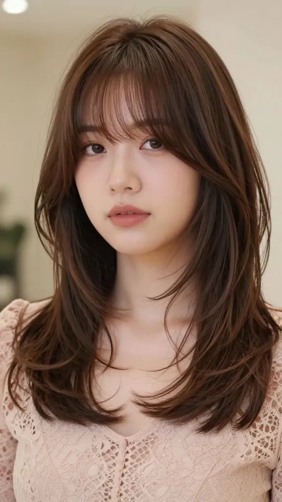 Create a high-resolution, realistic portrait of a stylish woman with a chubby face showcasing the 4. Layered Curtain Bangs With a Midi Cut look. The subject should have cascade layered hair that starts from the crown and thins toward the ends, with soft, face-framing curtain bangs that sit lightly and softly above the eyes. The hairstyle should create vertical lines to elongate the face, exude movement, and offer a romantic, contemporary vibe. The bangs must be light and airy, not heavy blocks, to frame the eyes gently. The hair color should be natural-looking with subtle dimension (sun-kissed balayage or soft brunette with lighter ends) and a healthy shine. The overall styling should appear freshly blow-dried with a round brush, creating smooth volume at the crown and gentle waves toward the ends. The subject should wear a flattering, elegant outfit suitable for a modern, romantic aesthetic (e.g., a soft, blush-toned blouse or lacey top) and minimal, natural makeup to highlight eyes without overpowering the hair. The background should be softly blurred (bokeh) in a neutral, warm tone to emphasize the face and hair, with lighting that is natural and flattering&mdash;slightly diffused to avoid harsh shadows. The image should look like a candid, studio-quality beauty photo, positioned to clearly showcase the layered curtain bangs and midi cut while ensuring the subject&rsquo;s face appears elongated and balanced. No text on the image.