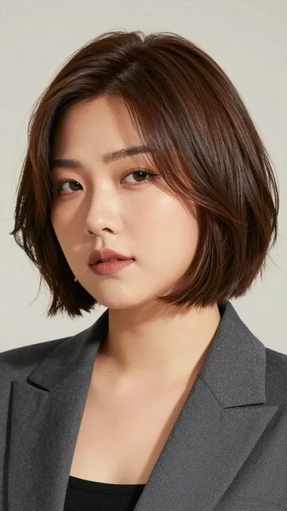 A high-resolution, photorealistic portrait of a stylish woman with a chubby face sporting an asymmetrical bob with a deep side part. The hair should be slightly longer on one side, smooth with a subtle wave and gentle texture, styled with a quick flat iron look. The lighting is natural and flattering, with soft shadows to emphasize the diagonal eye-line created by the asymmetry. The subject is dressed in professional, chic attire suitable for work and weekends, exuding a playful yet sophisticated vibe. The background is soft and uncluttered to keep the focus on the hairstyle and face shape, with a neutral color palette that enhances skin tones and hair sheen. No text or branding in the image.
