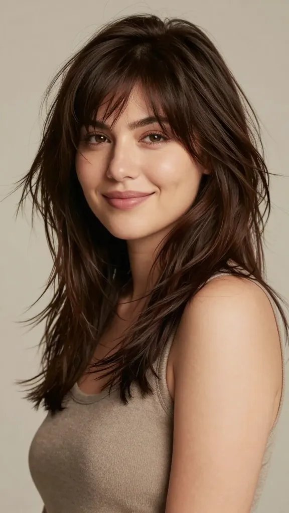 Create a high-resolution, realistic photo of a confident woman with a chubby face styled in a soft shag with feathered ends. The hair should be modern and airy with feathered layers that start at the temples and blend to chin- to shoulder-length, creating bounce without adding bulk at the cheeks. The overall look is effortlessly messy yet intentional, with natural texture and lift at mid-length achieved by light texturizing spray. The subject should have a lived-in, chic vibe, wearing casual-but-polished attire (e.g., a simple blouse or sweater) in a softly lit studio setting with neutral, warm tones. Pose her slightly angled to the camera with a relaxed smile or neutral confident expression, one shoulder slightly forward to emphasize the layers and movement of the hair. The background should be uncluttered and blurred softly to keep the focus on the hairstyle and the subject&rsquo;s face, capturing realistic skin tone, hair depth, and natural shine. No text in the image.