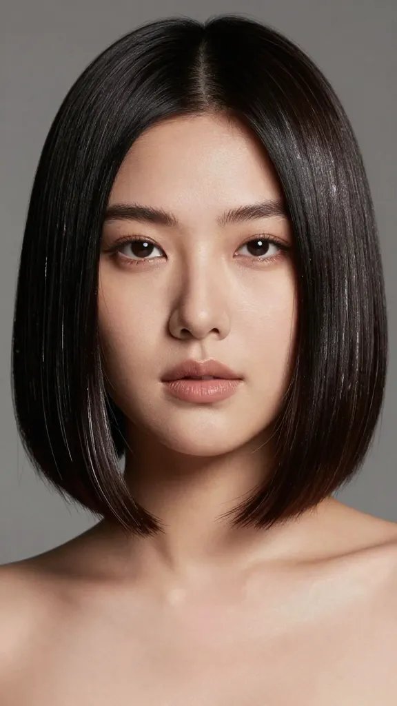A close-up, high-resolution fashion portrait of a confident woman with a chubby face, styled in a sleek, jawline-length bob with a glossy ceramic shine. The hair is ultra-smooth, straight, and perfectly refracts light to create a slimming silhouette around the cheeks, with a cool, businesslike polish. The subject gazes softly at the camera against a neutral studio backdrop with controlled, soft lighting that highlights the high-gloss finish. Subtle reflections on the hair convey a flawless ceramic shine, and the overall look is chic, modern, and timeless. No text or logos in the image.