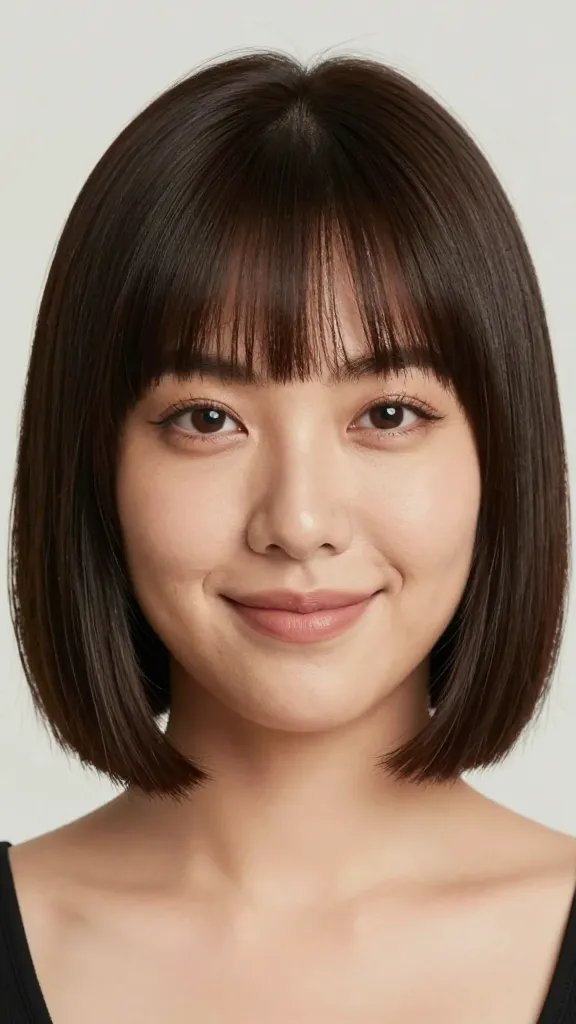 A high-resolution, realistic portrait of a confident woman with a chubby face styled in a blunt cut with a soft side part. The hair is blunt at the ends with a gentle, shallow side part creating vertical lines that slim the midface. The bangs sit just above the brows, or slightly longer, and the hair is neatly trimmed to maintain a smooth bend at the ends, with a subtle, natural shine. The look conveys bold personality and sharp framing around the eyes. She has a poised, editorial smile or neutral expression, direct gaze toward the camera, and soft makeup that emphasizes eyes and cheekbones without overpowering the haircut. Lighting is natural studio-quality, with balanced highlights and shadows to showcase the texture of the blunt cut and the smooth bend at the ends. The background is clean and unobtrusive, ensuring the haircut remains the focal point. The image should be a single, realistic photograph without any text.