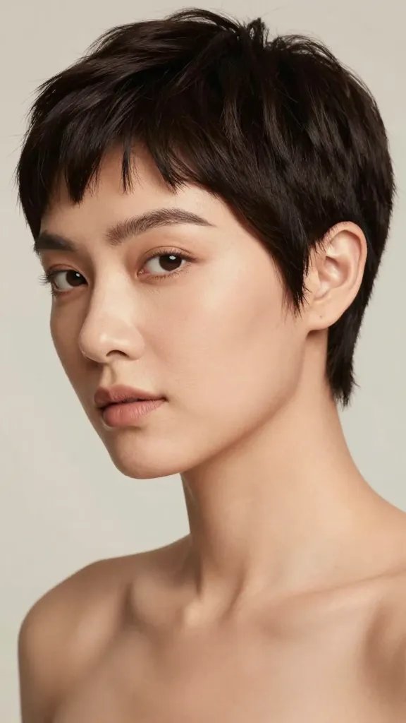 A high-resolution, photorealistic portrait of a stylish woman with a shaped pixie cut featuring a tapered neck, posed in a confident, candid photo against a soft, neutral background. The hair is very short on top with a smooth, clean taper at the nape, creating a sculpted jawline that flatters a chubby face. The texture shows light, non chunky finish with a matte appearance, as if achieved with fingertip texture paste. The overall look is effortless yet polished, suitable for active days and nightlife, with natural makeup, subtle contouring to emphasize cheekbones, and a gentle, warm skin tone. No text or logos in the image.
