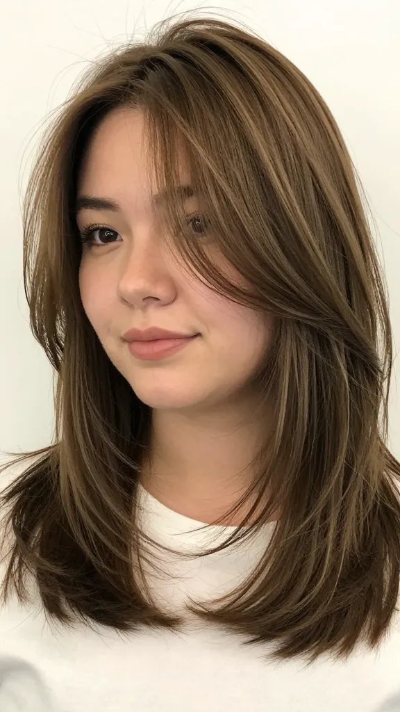 A realistic high-quality portrait photo of a woman with a chubby face styled in a shoulder-length layered cut. The hair falls at the shoulders with soft, natural layers that add movement and elongate the face and neck. The texture is soft and natural with a healthy shine, styled in gentle waves or a straight look with subtle shine spray. The color features mid-length highlights that blend seamlessly within the layers. The subject is facing slightly to the side with a relaxed, confident expression, in a bright, softly lit studio setting with a clean background to emphasize the hairstyle. No text on the image.