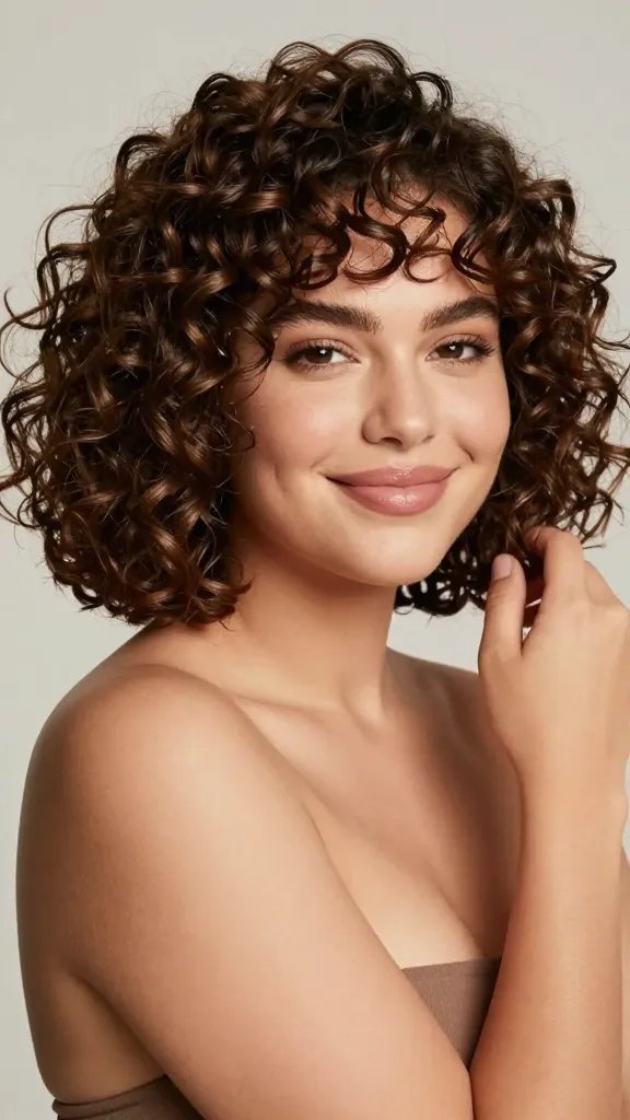 Create a high-resolution, hyper-realistic portrait of a confident woman with a chubby face featuring a curly bob hairstyle with defined ringlets. The hair should be medium-length, ending around the chin, with tight, well-defined curls that start from the mid-lengths and taper softly at the ends, showcasing volume and bounce while keeping roots smooth. The texture should highlight glossy, well-moisturized curls and minimal frizz, suggesting the use of a lightweight curl cream. The subject should have a playful, fashion-forward look with natural makeup that enhances her features, a warm skin tone, and a soft, flattering lighting setup that emphasizes the curls&rsquo; definition and volume. Pose the subject slightly angled to the camera with a relaxed smile, one hand gently touching the hair to convey movement, and a clean, neutral background to keep the focus on the hairstyle. Ensure there is no text in the image.