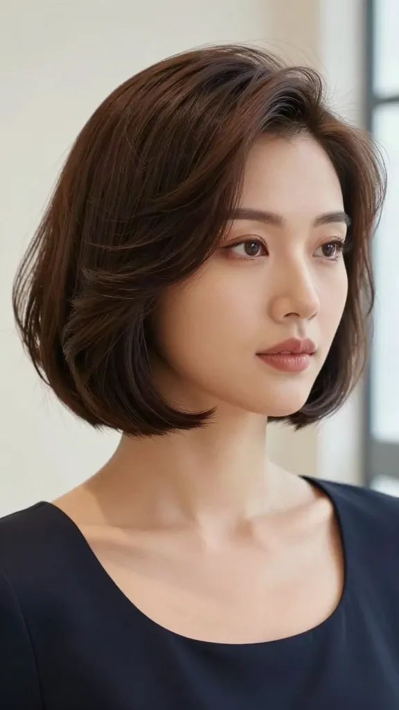 Create a hyper-realistic, high-resolution portrait of a stylish woman with a classic bob that features a softly curved neckline undercurl. The hairstyle should frame a rounder/chubby face, softly expanding the jawline while maintaining a crisp, polished look. The hair should have a subtle, healthy shine and a gentle, natural finish, with a light undercurve at the ends achieved by a round brush via a gentle curl under. Lighting should be natural and flattering, highlighting the glossy yet natural finish of the hair. The subject should be dressed in elegant, timeless attire suitable for both work and a date night, with a confident, approachable expression that suggests compliments. Shoot in a clean, modern studio setting or a bright indoor space with a neutral background to keep the focus on the hairstyle and face. The overall styling should convey timeless sophistication, with the neckline clearly curved and the bob length ending at the jaw or slightly below, no text or branding visible in the image.