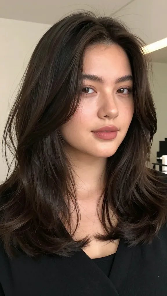 Create a realistic, high-quality close-up photo of a stylish woman with a chubby/round face featuring a deep side-parted lob with soft, loose waves that create a diagonal line to visually narrow the face. The subject should have a flattering, natural makeup look and a confident, approachable expression, suitable for both date night and casual office days. Show soft waves with gentle texture, a clean deep side part, and subtle shine on the lob-length hair that frames the face. The hair should appear healthy with a slight contour around the cheeks, and the overall styling should look effortless yet polished. The setting is a softly lit, modern interior or neutral backdrop to keep the focus on the hair and face. Include slight use of heat-protectant styling tools on the hair and a light, invisible hairspray hold to maintain the waves, with no visible text or logos in the image.