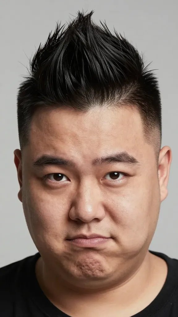 A high-resolution, realistic portrait of a confident man with a chubby face, shown from the shoulders up in a well-lit studio setting. He sports a Faux Hawk Bob with a gentle taper: the top hair is styled into a subtle, gravity-defying faux hawk with a slight lift at the crown, while the sides are smoothly tapered for a clean, natural finish. The hair has a soft, matte finish with a natural texture, suggesting a small amount of pomade lightly sculpted to taste. The lighting highlights the height and structure of the top while the tapered sides frame the face, drawing attention upward to the subject&rsquo;s bold personality. The background is neutral and unobtrusive, ensuring the subject remains the focal point, with a professional, editorial-quality vibe suitable for a fashion or grooming feature. The subject&rsquo;s expression is confident and slightly playful, conveying daily drama without gimmicks.