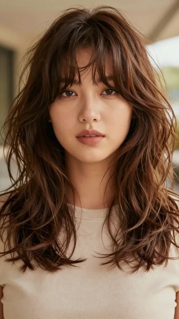 A photorealistic high-resolution portrait of a stylish woman with a chubby face sporting a wavy shaggy lob and curtain bangs. The hair is shoulder-length with soft, airy layers and a natural, effortless bounce, styled to create movement around the face. The curtain bangs gently part and frame the eyes, blending into the shaggy ends that flip slightly for a tousled, festival-ready yet everyday glamorous look. The lighting is warm and natural, highlighting the texture and shine of the hair while keeping the skin tone flattering. The subject has a confident, relaxed expression, wearing a simple, chic outfit in neutral tones, with subtle makeup to enhance a fresh appearance. The background is softly blurred to emphasize the hair and face, capturing a candid, editorial vibe suitable for a hairstyle feature. No text on the image.