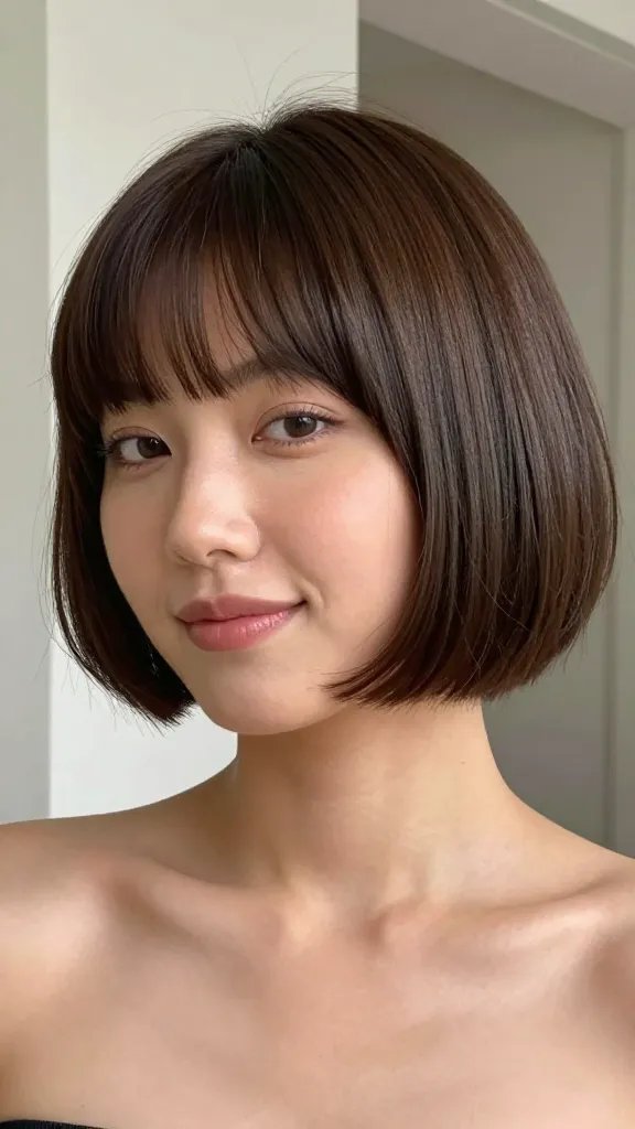 Create a high-resolution, realistic photograph of a stylish woman with a chubby face sporting a short cocoon cut with subtle angles. The hairstyle should hug the cheeks with rounded silhouettes and gentle angular lines that visually slim the face, looking futuristic yet timeless. The hair length should be from ear to chin, with soft, rounded shapes and slight angles. Slightly glossy, lightweight gel holds a polished, refined shape, but the look can also be achieved with air-dried, softer texture. The subject should have a confident, fashion-forward expression, perhaps a subtle smile, and pose in a clean, modern setting with neutral tones to emphasize the haircut. Lighting should be natural and flattering, highlighting the rounded silhouette and the gentle angles of the cut. No text on the image.