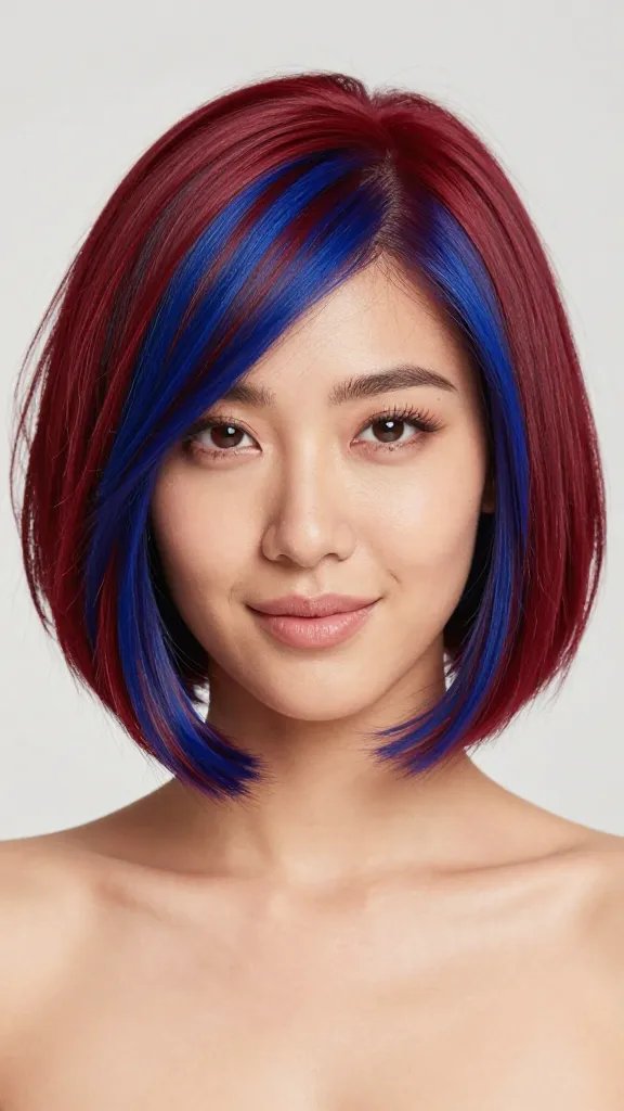 A high-resolution, photorealistic portrait of a stylish woman with a cheek-skimming bob cut that sits at cheekbone level, styled in a bold, vivid color such as electric blue or rich crimson. The hair should be sleek but with smooth, softly waved texture for natural movement. The subject is posed slightly angled to the camera with a confident, warm expression that conveys personality, outdoors in soft natural light or a softly lit studio setting. Skin tone should harmonize with the chosen bold color to make features pop; eyes visible and expressive, minimal makeup to keep the hair color as the focal point. Clean background with shallow depth of field to keep attention on the hairstyle and face, no text or overlays.
