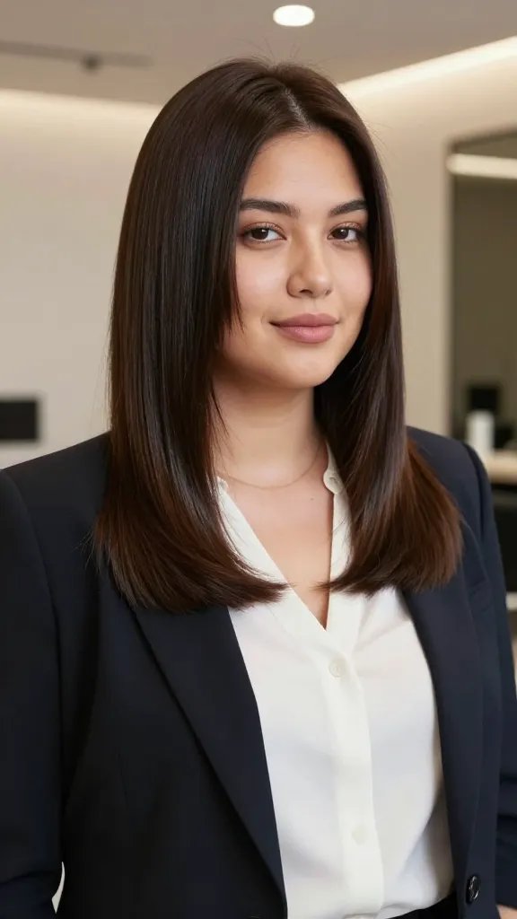 A realistic, high-quality photo of a stylish woman with a chubby face sporting a deep side part with a sleek finish. She stands in a softly lit, modern interior that suggests professionalism (e.g., an office or salon backdrop) with neutral tones and minimal decor. Her deep side part creates a flattering lengthening effect, and her hair has a flawless, glossy, sleek finish that reflects light away from the cheeks. The hair length varies from chin to shoulders, with smooth, straight strands laid flat along the head and a precise, fine-tooth-parting line. She wears a polished, confident expression appropriate for interviews or a first date, dressed in smart-ceminimal attire&mdash;perhaps a tailored blazer over a clean blouse&mdash;to convey trust and capability. Subtle makeup enhances a natural look, and the overall composition highlights the hairstyle as the focal point without any text visible on the image.