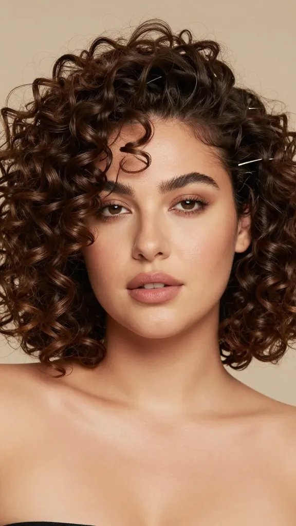 Create a high-resolution, realistic portrait of a stylish woman with a chubby face wearing a voluminous, defined curly hairstyle transformed into a faux bob. The hair should be long and punchy at crown volume, then tucked under neatly with bobby pins at the nape to resemble a bob while preserving natural curl texture. Show subtle, light-hold spray mist around the roots for a touch of sheen without stiffness. The look should be dramatic yet effortless, with the ends tucked elegantly under and pinned, exposing soft facials framing curls. Lighting is soft and natural, highlighting defined curls, texture, and a healthy shine. The subject should have a confident, relaxed expression, natural makeup that enhances features, and a flattering, warm-toned background that keeps the focus on hairstyle. No text or logos in the image.