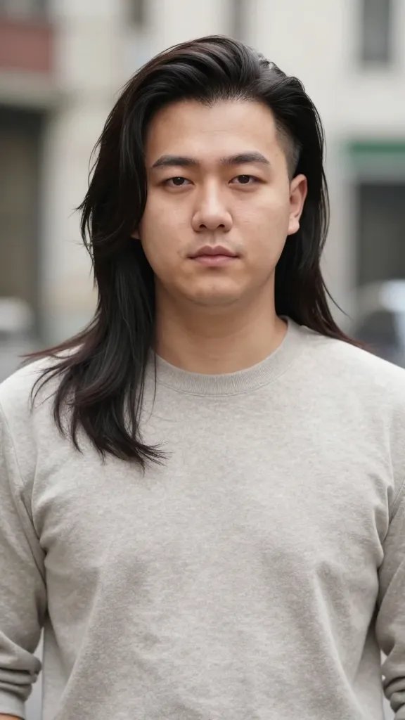 A high-resolution, realistic portrait of a stylish man with a soft undercut and a long top, presenting a modern, mass-appeal look for a chubby face. The subject stands against a neutral, softly blurred urban backdrop with natural daylight to emphasize clean lines and contrast. The top hair is long enough to sweep to one side or slick back, creating a gentle, leaner silhouette that flatters fuller cheeks. The sides are short yet seamless, with a subtle undercut that isn&rsquo;t harsh. The hairstyle should appear polished yet with a touch of texture, showing subtle shine and well-defined division between the top and sides. The subject has a confident, approachable expression, casual yet refined clothing (like a well-fitted crew-neck sweater or shirt jacket) in neutral tones. Lighting is soft and flattering, highlighting the hair&rsquo;s volume and smooth finish, with the overall mood conveying modern elegance and mass-appeal. No text or logos in the image.
