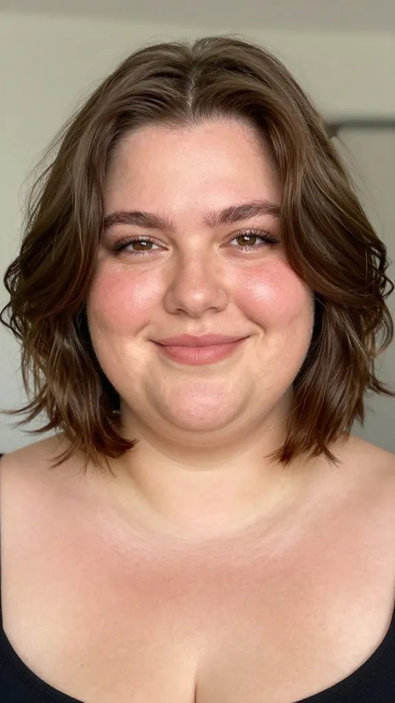 A high-resolution,自然istic portrait of a plus-size woman with a chubby face wearing an angled bob with soft waves. The hairstyle features a sharp angled bottom that frames the jawline, with loose, gentle waves for movement and volume. The woman has a warm, friendly expression with a soft smile, light makeup that enhances natural features, and subtle, sun-kissed skin. The hair should appear shiny and healthy, with well-defined waves cascading around the face and ending just below the jawline. The lighting is bright and flattering, highlighting the texture of the waves and the silhouette created by the angled cut. The background is blurred, neutral-toned, to keep the focus on the subject and the hairstyle. The overall look is polished yet approachable, centered on showcasing how the angled bob with soft waves flatters oval and round faces.
