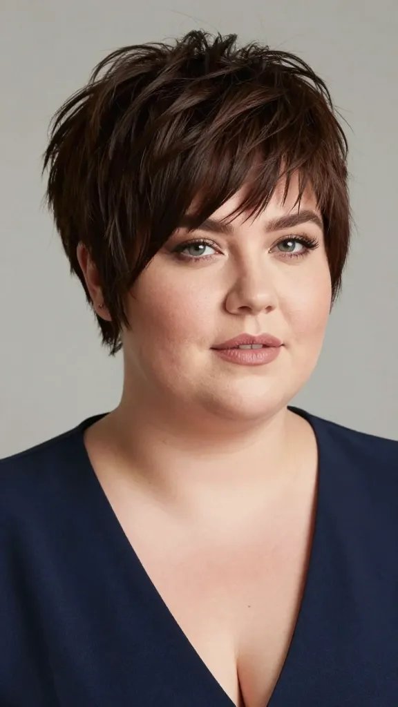 A stylish plus-size woman with a short, textured pixie haircut featuring layered texture. The hair should appear bold and modern, with distinct layers that add dimension and soft shadows around the cheeks. The crown is slightly taller to elongate the face, creating flattering cheek shadows. The subject should be framed in a realistic, high-quality studio or natural light setting, wearing a chic, well-fitted outfit that complements her face shape and hair. The background should be neutral and softly blurred to keep the focus on her hair and face, with natural makeup that enhances features without overpowering the hairstyle. The overall mood is confident and contemporary, capturing the essence of a chic pixie cut for a plus-size woman.