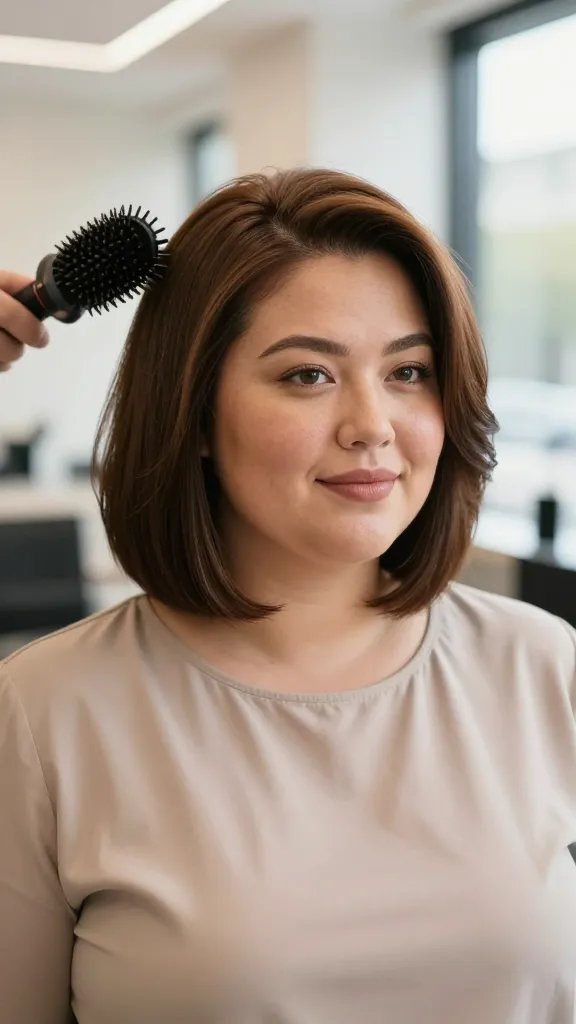 A close-up, high-resolution portrait of a plus-size woman with a chic tapered shoulder-length haircut, the nape neatly tapered and the top longer for versatile volume. She stands in a bright, modern salon with natural light streaming through large windows. Her hair is glossy and styled to lift at the roots using a round brush during blow-drying, giving subtle lift at the crown and a clean, rounded silhouette that frames her face. She wears a soft, well-fitted blouse in a solid color that complements her skin tone, minimal, natural makeup, and a confident, approachable expression. The background is softly blurred to keep the focus on her hairstyle and face, with warm tones and a casual yet polished atmosphere.