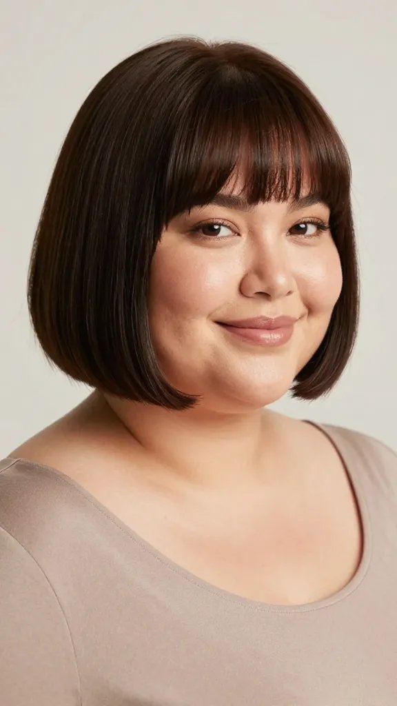 A high-resolution, realism-style portrait of a confident plus-size woman with a blunt crop haircut and curved bangs. The hair is a sharp, straight-cut bob ending at chin or just below, with soft, curved bangs grazing the brows and gently framing the eyes. The woman has a warm, approachable smile, subtle makeup that enhances natural features, and a soft, dewy skin texture. Pose: three-quarter view with shoulders relaxed, head slightly tilted to reveal the curved bangs and the clean line of the blunt crop. Lighting is natural and flattering, with gentle directional light that highlights the hair&rsquo;s shine and the soft contours of the face. Outfit: a simple, solid-color top that complements her skin tone, minimal accessories, and a clean background in neutral tones to keep the focus on the hairstyle. No text in the image.