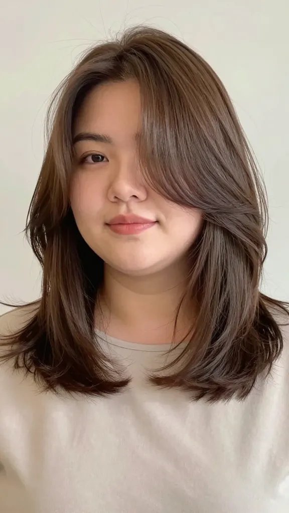 A high-quality, realistic portrait of a plus-size woman with a chubby face, styled in an asymmetrical lob with textured ends. The hair is shoulder-length to just above the shoulders on one side, longer on the other, with a soft, layered texture and natural shine. The texture should appear light and airy, preventing heaviness, with subtle movement and a slight wave. The hair has a healthy, glossy finish achieved by a light oil applied to the ends. The subject is posed in a bright, natural-looking setting (studio-style or softly lit room) with a neutral backdrop that keeps the focus on the haircut. The woman wears a simple, elegant top in a solid color that complements her skin tone, and a calm, confident expression. The lighting is soft and flattering, highlighting the asymmetry and texture without harsh shadows. No text on the image.