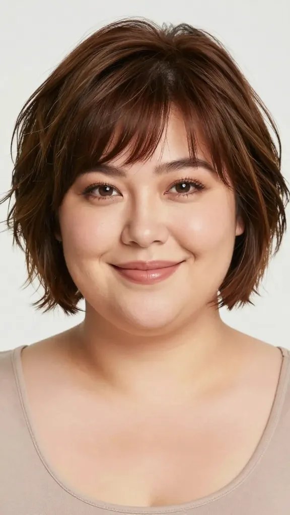Create a high-quality, realistic close-up portrait of a confident plus-size woman with a short classic shag hairstyle. The hair should be a layered, face-framing cut that emphasizes the eyes and cheekbones, with textured strands and natural shine. The subject is in a bright, softly lit studio setting, wearing a simple, solid-colored top that complements her skin tone. Use a shallow depth of field to softly blur the background, drawing focus to her expressive eyes, well-defined cheekbones, and the textured layers of the hair. Subtle highlight and lowlight to enhance the hair&rsquo;s movement, with a natural, candid smile and a relaxed, graceful pose. 4K realism, ultra-detailed skin texture, natural makeup, and no text or logos in the image.