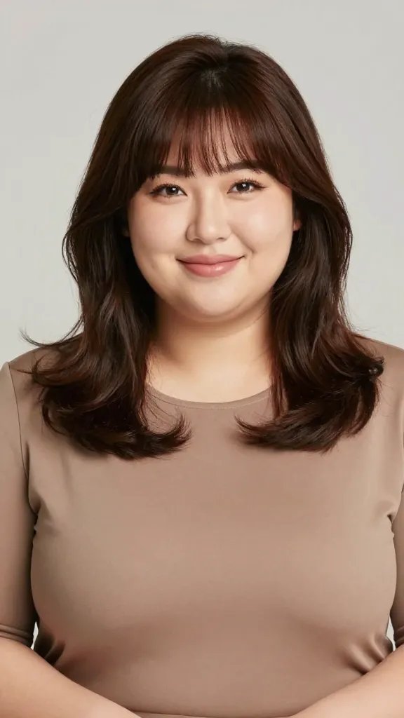 A realistic high-quality photograph of a stylish plus-size woman with a round face, wearing brushed-forward curtain bangs that softly frame her brows and cheeks. She sits with a poised, approachable expression and a subtle, confident smile. The hairstyle features curtain bangs that gradually part in the center and sweep gently to the sides, paired with a sleek, low-maintenance back or soft, natural waves to keep the look fresh. The lighting is soft and flattering, highlighting smooth skin and the balanced proportions of her face. She is dressed in a chic, solid-color top that complements her skin tone, in a neutral studio setting with a clean background. The overall mood is modern, effortless, and flattering for chubby faces. No text on the image.