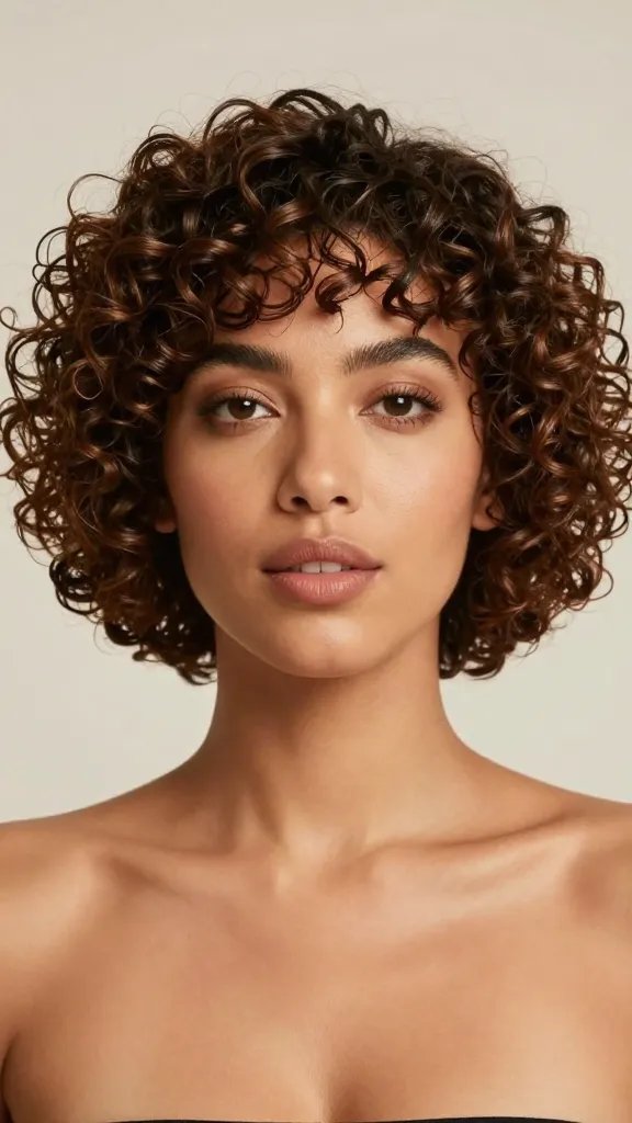 A high-resolution, realistic portrait of a stylized adult woman with a curvy, fuller face wearing a chic curly mini bob. The hair is medium-length, cut into a soft, rounded mini bob with tight, defined curls that add volume without overpowering the face. The curls have a healthy shine and bounce, created with a curl-enhancing product and diffusion to yield natural, plump texture. The lighting is warm and flattering, highlighting the curl pattern and the smooth, balanced shape of the face. The subject has a confident expression, subtle makeup that enhances natural features, and is posed in a clean, neutral background to keep the focus on the hairstyle. The overall image should convey a stylish, modern look suitable for a fashion-forward feature on hairstyles for fuller faces.
