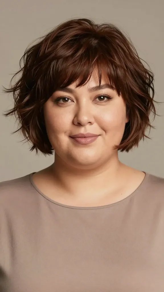 A realistic, high-quality photograph of a stylish, confident plus-size woman with a textured bowl cut that sits just below the ears. She stands against a softly lit, neutral backdrop that enhances her warm skin tone and highlights the hair&rsquo;s shine and movement. The bowl cut should have varied lengths and choppy, piecey ends to create texture and avoid a rigid silhouette, with subtle layering around the crown for volume. Her makeup is natural and flattering, emphasizing soft contours and a gentle glow. She wears a simple, solid-colored top that complements her complexion, and a poised, approachable expression that conveys confidence and warmth. The lighting is soft and diffuse, with a slight key light to sculpt the face, ensuring details in the hair texture are clearly visible. No text on the image.