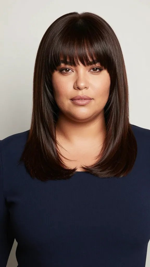 A realistic, high-quality portrait of a confident plus-size woman with a chubby face, featured as the main subject from the article title. She styles a sleek undercut with a soft, voluminous top: the hair on the sides is shaved or clipped very short while the top is longer and smoothly styled for height, with a polished, glossy finish. The top should have gentle waves and a subtle lift at the crown, kept sleek with a smoothing cream to tame flyaways. The overall look is bold yet refined, emphasizing optical elongation of the face without sacrificing presence. She stands against a clean, neutral backdrop with natural lighting that highlights the shine and texture of the hair, and she wears a chic, well-fitted outfit that complements her shape. The image should convey confidence, modernity, and sophistication, with a focus on the haircut&rsquo;s contrast and smooth finish.
