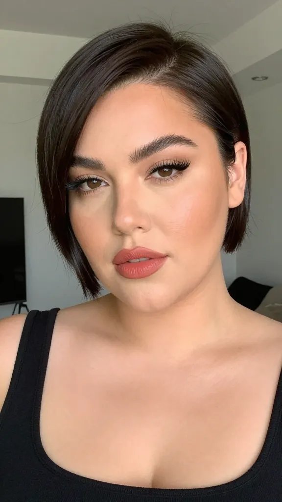 A high-resolution, realistic photo of a stylish woman with short hair styled into a sharp, dramatic side part that elongates her face, wearing subtle mascara to emphasize her eyes and a rosy lip for a polished, everyday look. She should have a confident, natural expression, standing in a softly lit, modern indoor setting with neutral tones. The hair should be glossy and neatly tucked to one side to create a strong diagonal line from the part to the opposite cheek, highlighting angular features. The overall composition should feel candid yet sophisticated, with careful attention to skin tone, makeup, and texture to convey a chic, plus-size fashion aesthetic. No text on the image.
