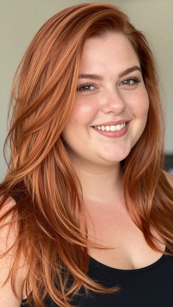 A close-up, high-resolution portrait of a confident plus-size woman with a warm copper hairstyle, featuring soft roots and balayage ends for a natural transition. The hair should have rich copper and honey tones with dimensional highlights that subtly catch the light to emphasize cheekbones. The subject has a radiant smile, clear makeup that enhances natural beauty, and a flattering, soft-focus background in warm neutrals to keep the emphasis on her hair. The lighting is natural and flattering, slightly diffused, creating a gentle glow on the skin and a luminous shine on the copper tones. The overall composition conveys empowerment and style, with the subject looking slightly off-camera as if posing in a candid moment.