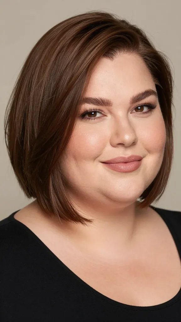 Create a high-resolution, photorealistic portrait of a confident plus-size woman with a soft taper hairstyle precisely as described: subtle taper on the sides to reduce width, with a few longer, face-framing strands that gently frame her features. The hair should look natural and lightweight, with a slight sheen, as if enhanced by a light mousse for hold without stiffness. The subject should be photographed from the shoulders up against a neutral, softly blurred background to keep focus on her hairstyle. Her expression is warm and approachable, with natural makeup that compliments her features. Lighting is soft and flattering, highlighting the face-framing strands and the smooth taper, capturing texture, volume, and a polished, everyday-ready look. The overall tone is stylish, empowering, and relatable for plus-size women. Avoid any text on the image.