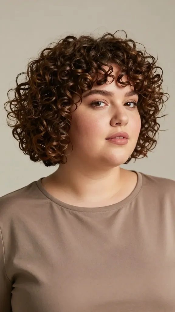 Create a high-resolution, lifelike portrait of a stylish plus-size woman with a rounder face, showcasing a 14. Bubble Curl Short Crop hairstyle. The hair should feature playful, tidy curls that sit close to the head, creating a chic silhouette with natural bounce. The scene is softly lit with diffused, warm lighting (low heat effect) to enhance texture and shine, emphasizing finger-tatted curls arranged into a natural, effortless look. The subject should exude confident, relaxed energy, wearing a simple, elegant outfit (e.g., solid-color top that contrasts with hair) and positioned slightly at a three-quarter turn to highlight the haircut. Neutral background with shallow depth of field to keep focus on the hairstyle and facial features, ensuring no visible text or branding. The overall image should feel contemporary, editorial, and realistic, suitable for a fashion-forward hair look guide.