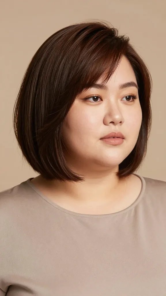 Create a high-resolution, ultra-realistic portrait of a stylish plus-size woman with a chubby face, showcasing the "Low-Muncho Peaked Bob" hairstyle. The hair should have a low, subtly peaked crown that lifts attention upward and creates a longer, balanced silhouette. The back of the hair must be neatly tapered, while the front is slightly longer to maintain a flattering angular line. The subject should have natural makeup, soft contouring to complement the hairstyle, and wear a solid, neutral-toned top that enhances the hair silhouette. Lighting should be soft and flattering, with a shallow depth of field that keeps the focus on the hair and face. The background should be a warm, unobtrusive studio setting with smooth bokeh, and there should be no visible text or logos on the image.